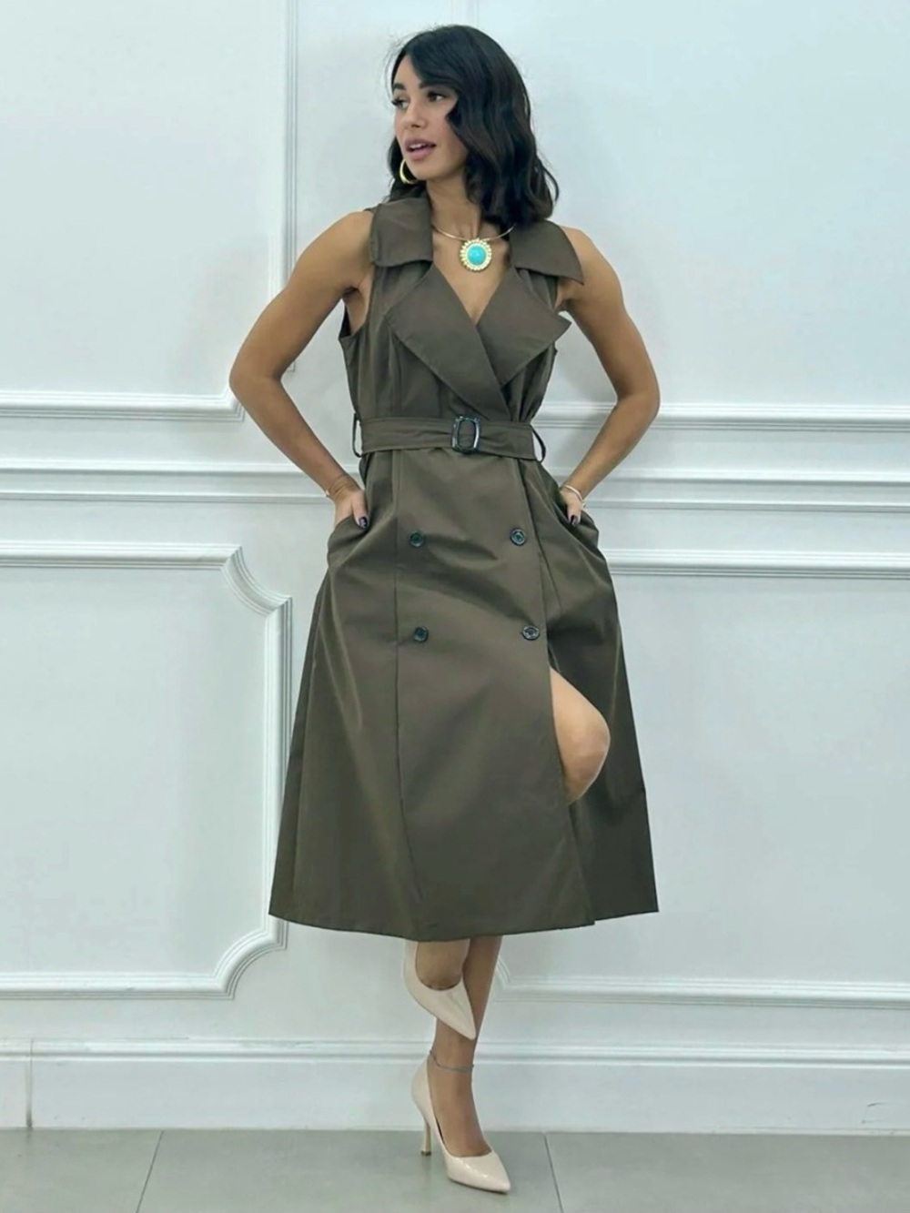 Zara Olive Sleeveless Wrap Trench Midi Dress